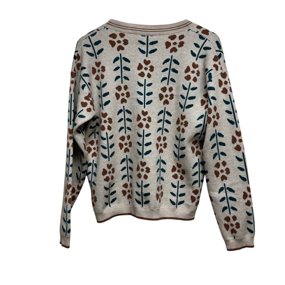 Botanical Floral Knit Cardigan Sweater Button Front Beige Green Size M - Picture 3 of 7
